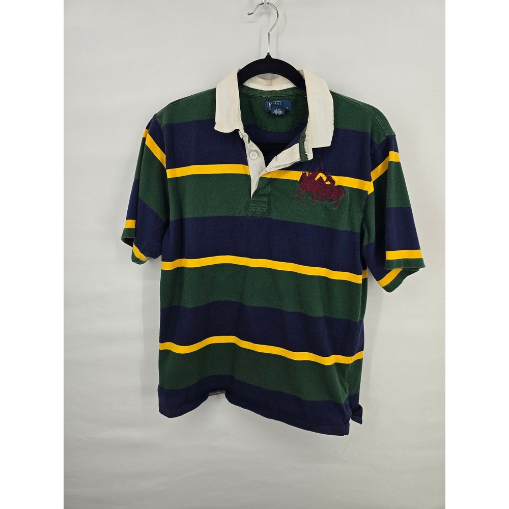Polo Ralph Lauren Kids XL 18-20 Striped Rugby Shirt Green Navy Yellow Big Pony‎